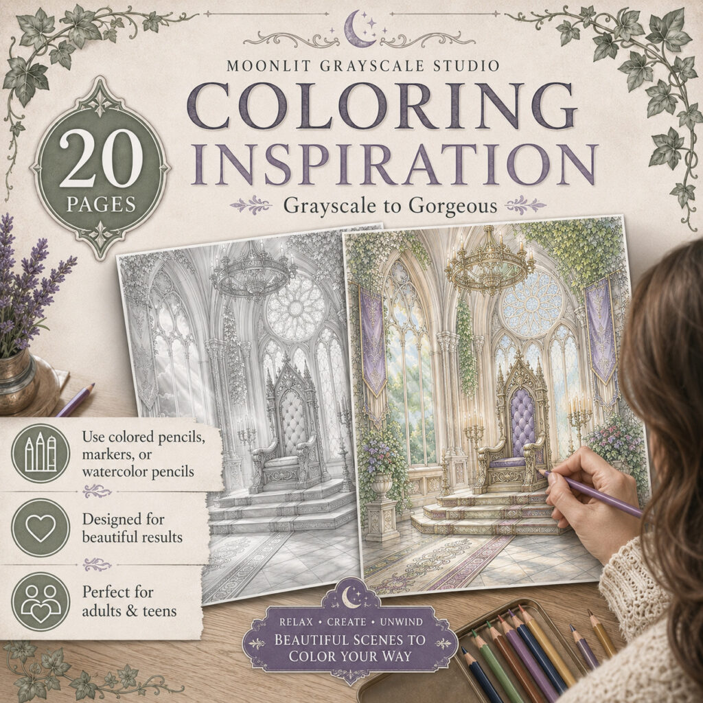 Dark Academia Grayscale Coloring Book - printable grayscale coloring pages
