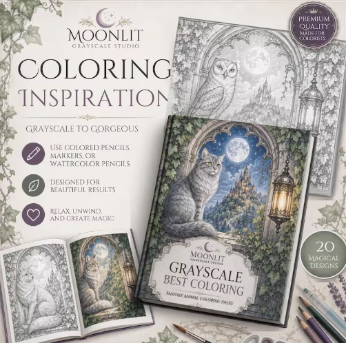 Fantasy Animals Grayscale Coloring Book | 20 Printable Pages, Gothic Adult Coloring PDF
