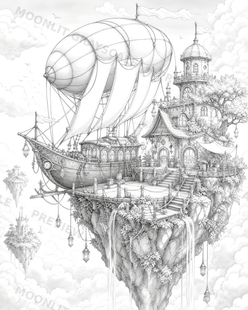 Floating Islands Grayscale Coloring Book grayscale coloring page preview