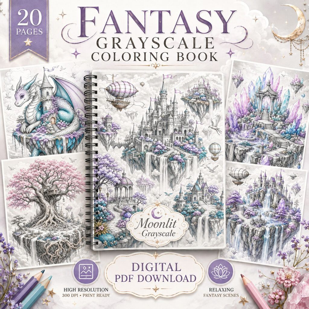 Floating Islands Grayscale Coloring Book - printable grayscale coloring pages