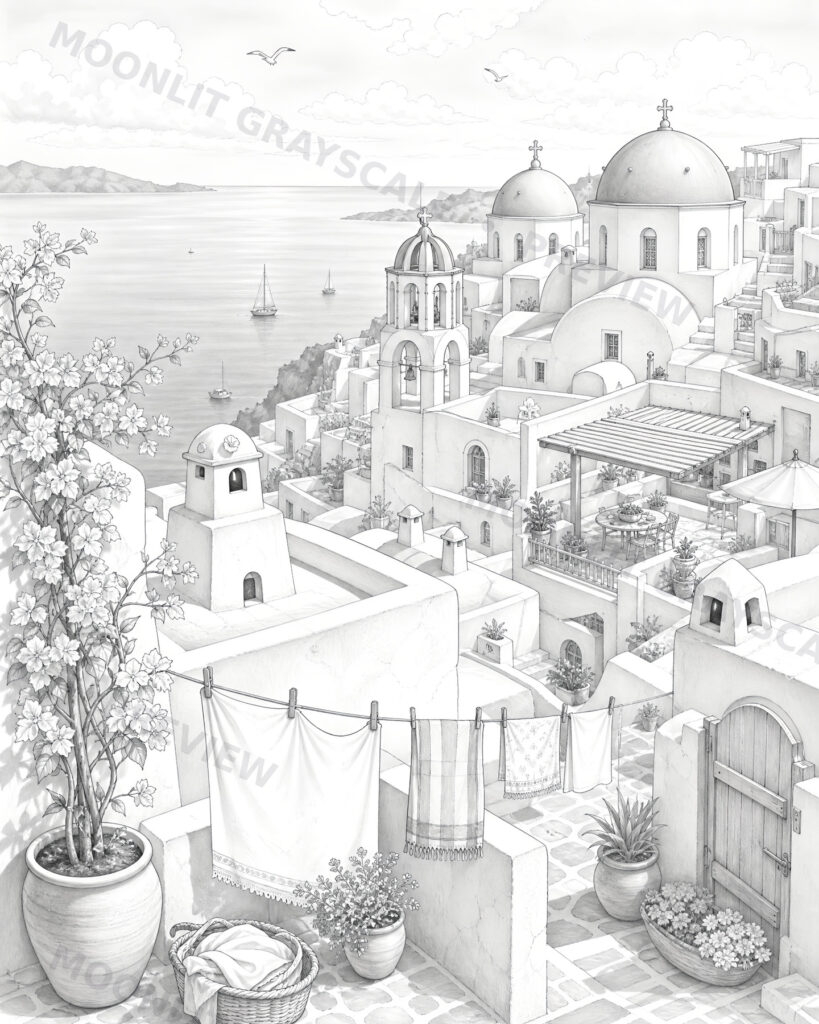 Greece & Santorini Grayscale Coloring Book grayscale coloring page preview