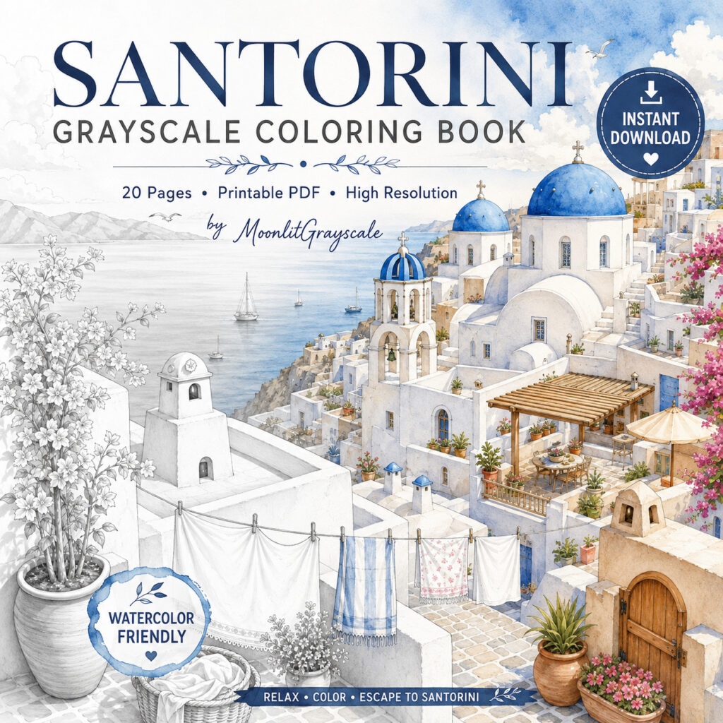 Greece & Santorini Grayscale Coloring Book - printable grayscale coloring pages